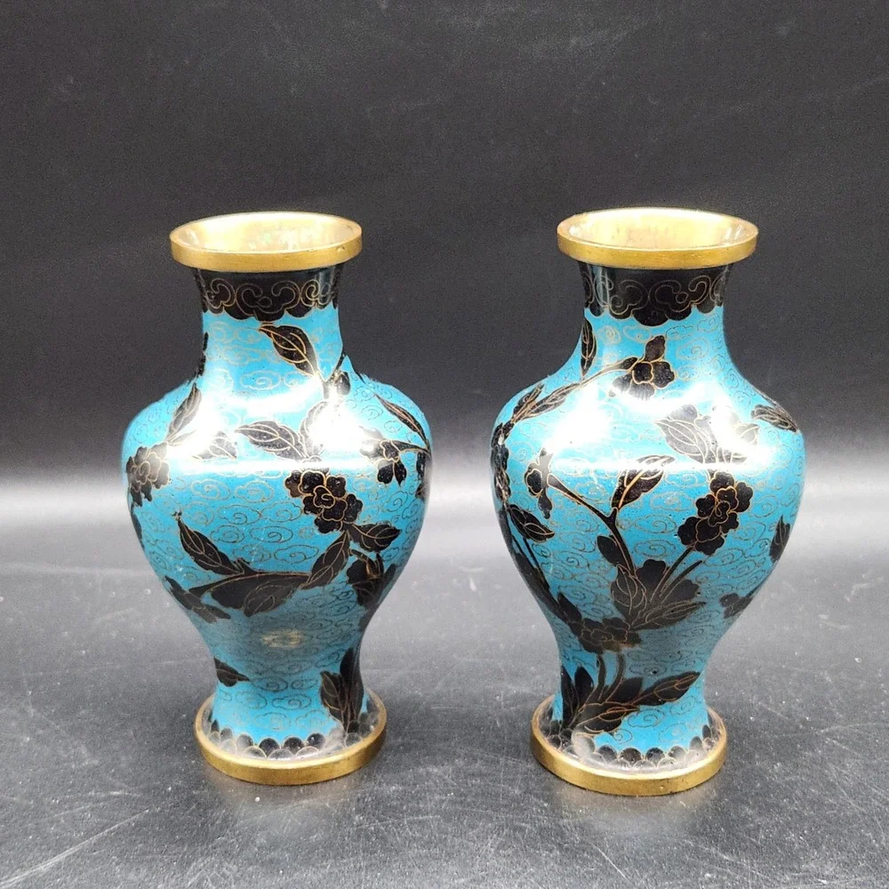 Vintage Pair Cloisonne Enamel Vases Turquoise Blue Black Gold Floral Brass 5